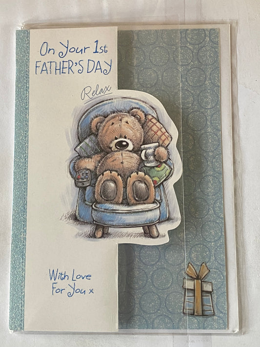 On Your 1st Father's Day With Love For You First Fathers Day Card Teddy/Sofa Chair/Cuppa Glitter Detail(HSF407A)