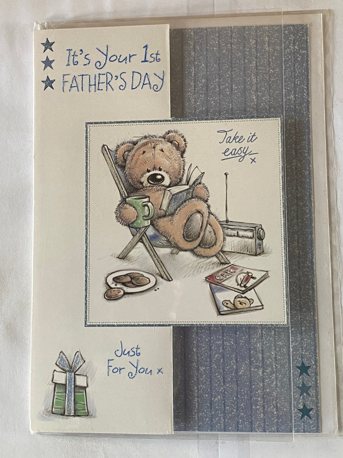 It's Your 1st Father's Day Just For You First Fathers Day Card Teddy/Deck Chair/Cuppa Glitter Detail(HSF407B)