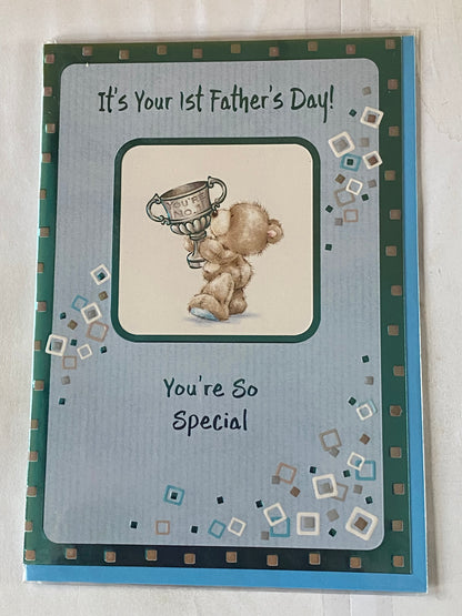 It's Your 1st Father's Day! You're So Special First Fathers Day Card Blue/Green-Teddy/Trophy Foil Detail(HSF405)