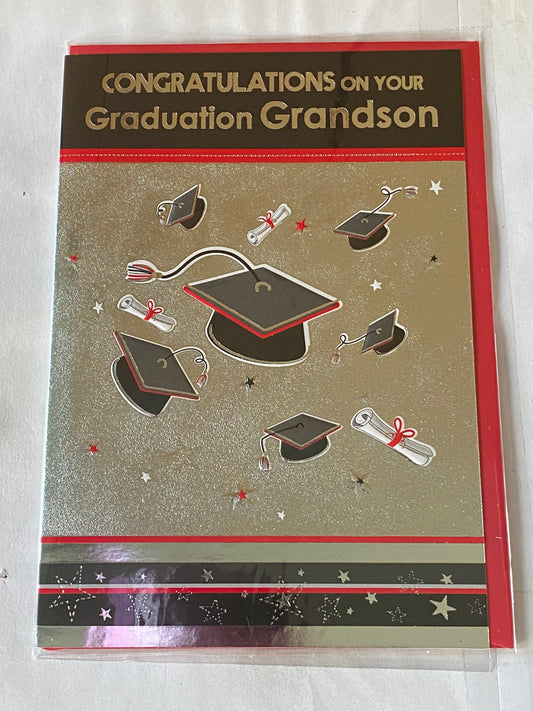 Congratulations On Your Graduation Grandson Card Graduated Well Done Silver/Red/Black-Hats/Scrolls Foil Detail(PH37151E)