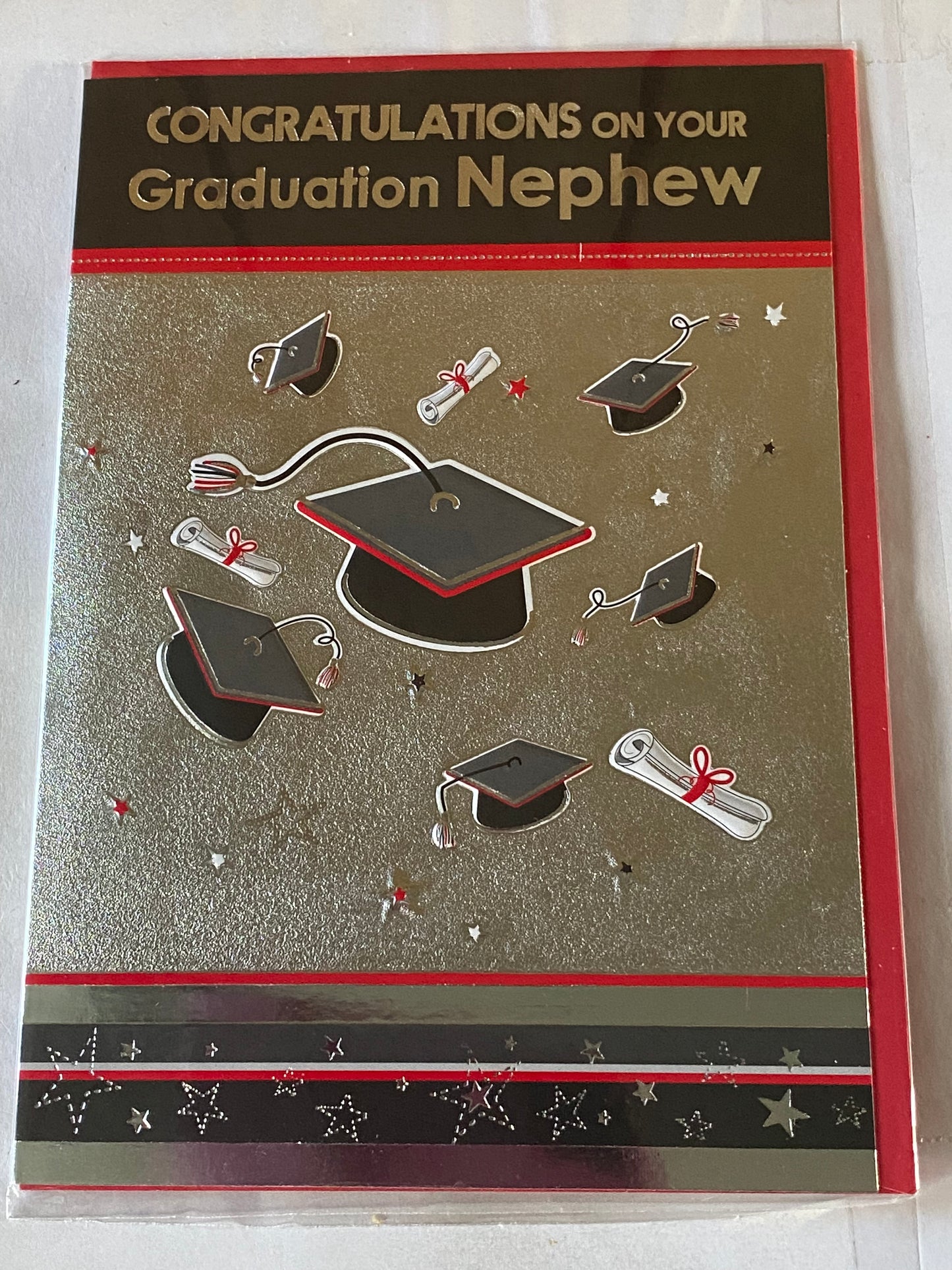 Congratulations On Your Graduation Nephew Graduation Card Graduated Well Done Silver/Red/Black-Hats/Scrolls Foil Detail(PH37151E)