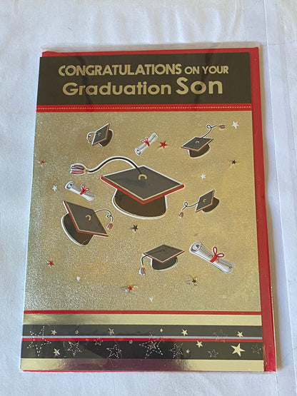 Congratulations On Your Graduation Son Graduation Card Graduated Well Done Silver/Red/Black-Hats/Scrolls Foil Detail(PH37151E)