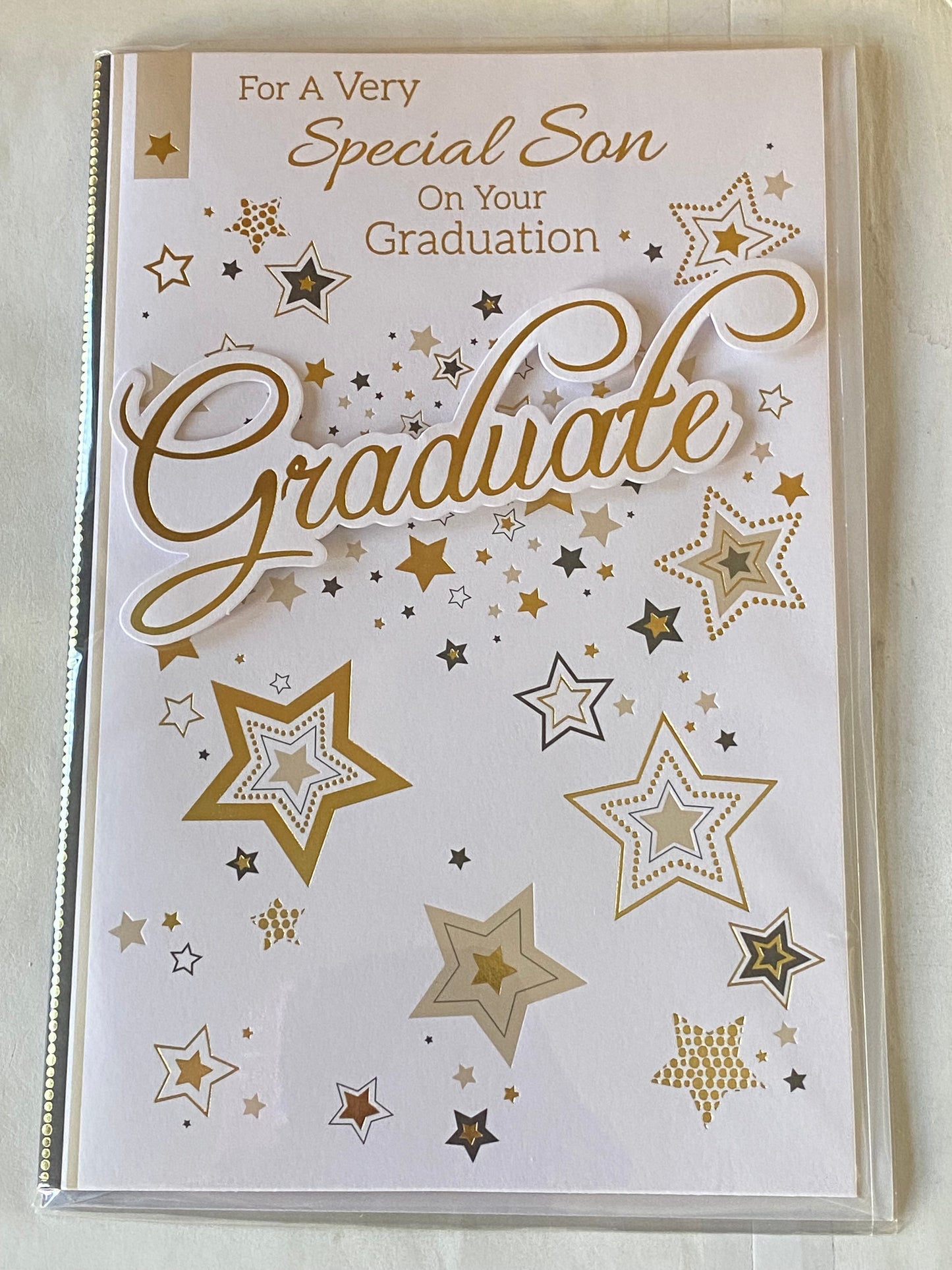 For A Very Special Son On Your Graduation Graduate Congratulations Well Done Graduated Card White/Gold-Words/Stars 3D/Foil Detail(PRELUDE39805)