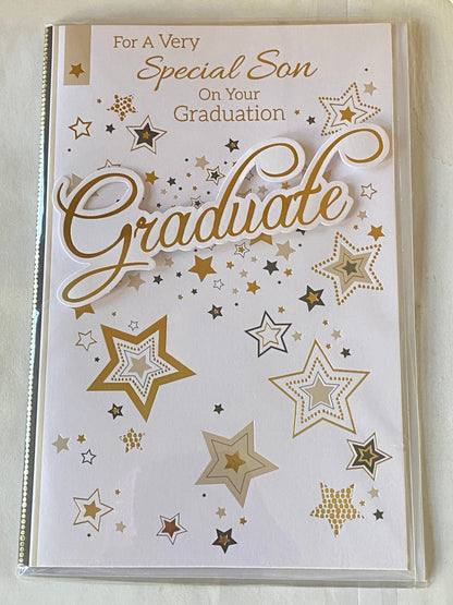 For A Very Special Son On Your Graduation Graduate Congratulations Well Done Graduated Card White/Gold-Words/Stars 3D/Foil Detail(PRELUDE39805)