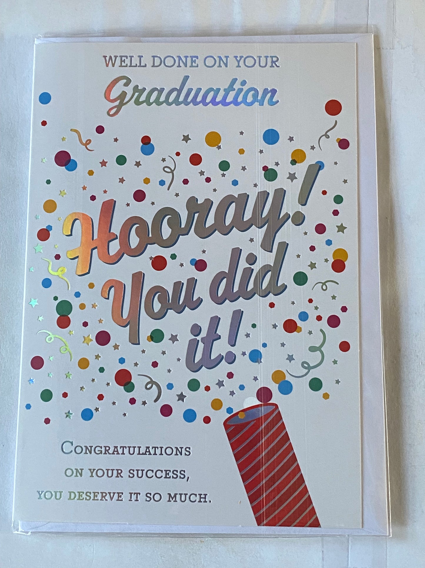 Well Done On Your Graduation Hooray! You Did It! Graduation Card Open General Generic Congratulations Exam Results Passed Passing Pass Multi Spots/Silver Words Foil Detail(PH48324E)