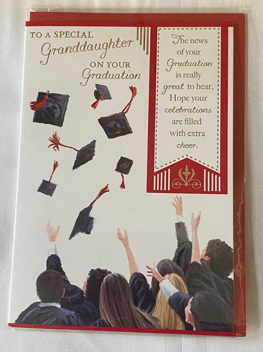 To A Special Granddaughter On Your Graduation Card Graduated Congratulations Well Done Graduates Throwing Hats/Silver Words Foil Detail(PH41557E)