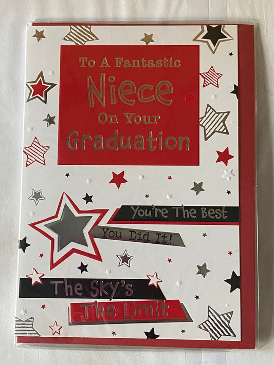 To A Fantastic Niece On Your Graduation Card Graduated Congratulations Well Done White/Red/Silver/Black Stars/Words Foil Detail(PH48321E)