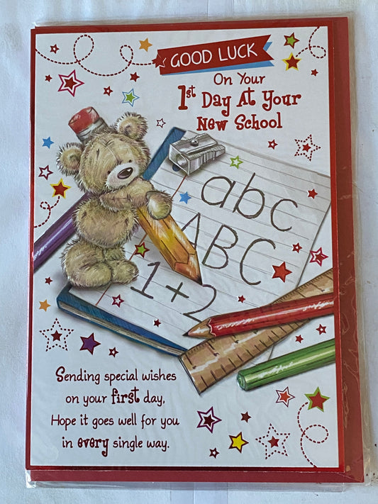 Good Luck On Your 1st Day At Your New School Card First School Teddy/Pencil/Notebook/Words Foil Detail(PH41550E)