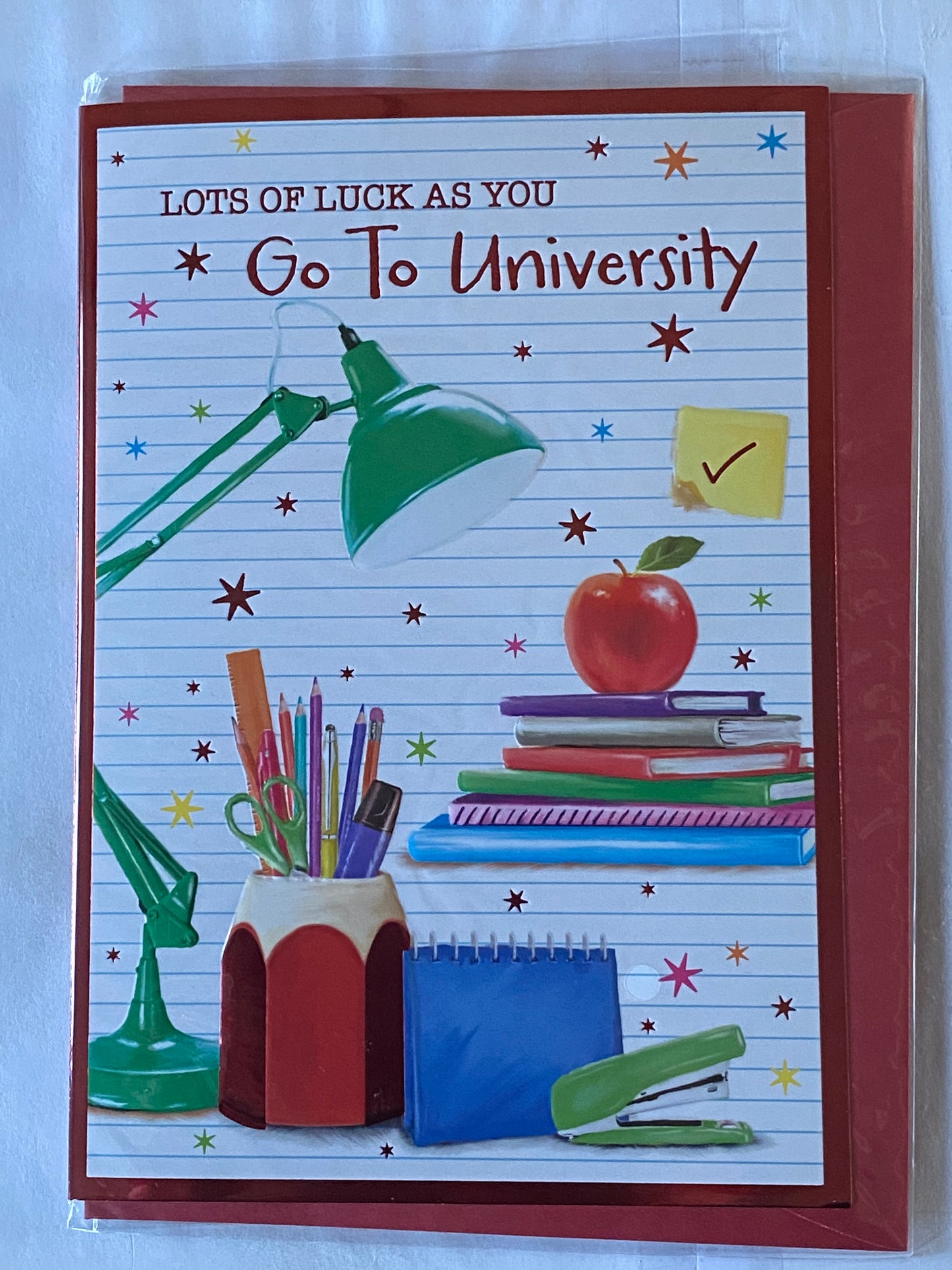 Lots Of Luck As You Go To University Card Your Going To University Good Luck Green Desk Lamp/Stationary/Books/Apple Foil Detail(PH48885E)