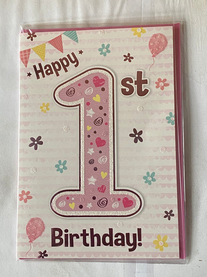 Girls Female Age 1 1st One First Happy 1st Birthday Card Bunting/Flowers Glitter/Foil Detail(PH43337E)