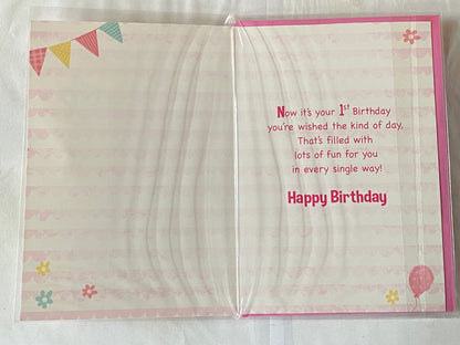 Girls Female Age 1 1st One First Happy 1st Birthday Card Bunting/Flowers Glitter/Foil Detail(PH43337E)