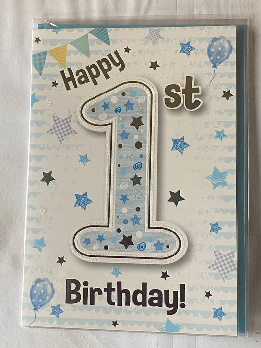 Boys Male Age 1 1st One First Happy 1st Birthday Card Bunting/Stars Glitter/Foil Detail(PH43341E)