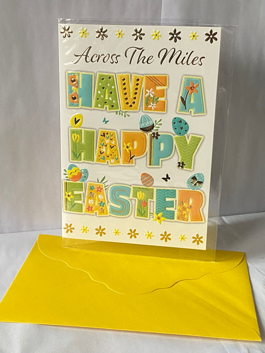 Across The Miles Have A Happy Easter Card White-Blue/Green/Yellow/Orange Words/Easter Eggs Foil Detail (PH49855A)