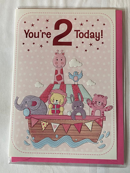 Girls Female Age 2 2nd Two Second You're 2 Today! Birthday Card Cute Animals/Boat Foil Detail(PH45860E)