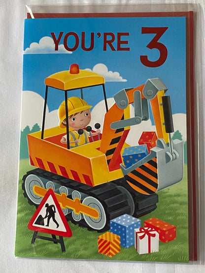 Boys/Male Age 3 3rd Three Third You're 3 Birthday Card Cute Boy/Digger/Presents Foil Detail(NC-VA202E)