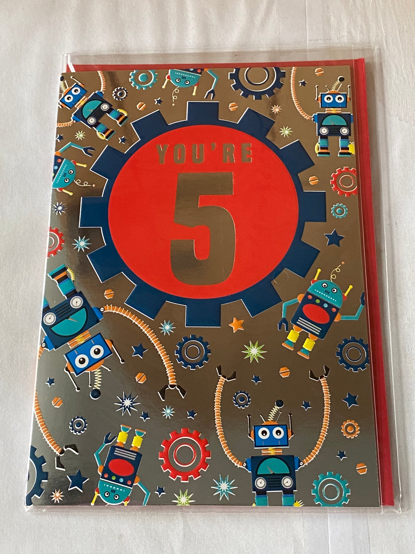 Boys Male Age 5 5th Five Fifth You're 5 Birthday Card Silver-Multi Robots Foil Detail(PH43370E)