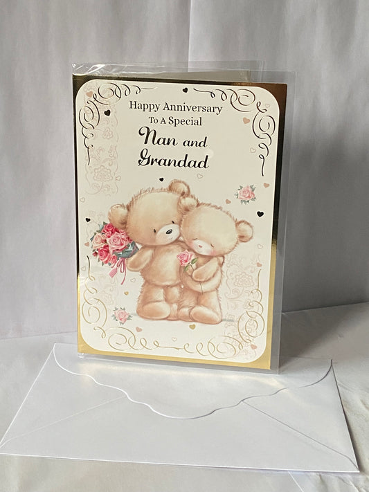 Happy Anniversary To A Special Nan And & Grandad On Your Wedding Anniversary Card Teddies Holding Flowers+Hugging Foil Detail(NC-VA051B)