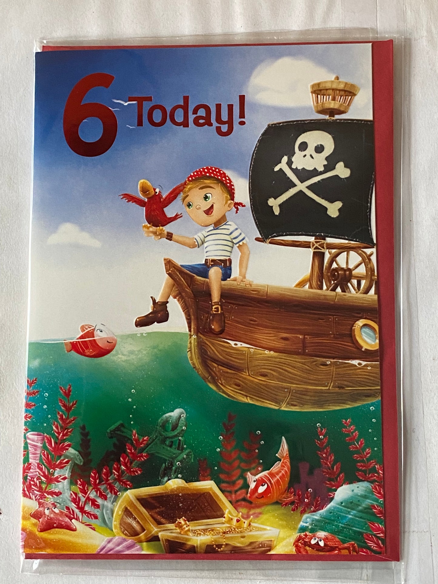 Boys Male Age 6 6th Six Sixth 6 Today! Birthday Card Boy Pirate/Red+White Bandana/Pirate Ship Foil Detail(PH45865A)