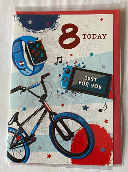 Boys Male Age 8 8th Eight Eighth 8 Today Just For You Birthday Card Bike/Watch/Console Foil Detail(PH45867A)