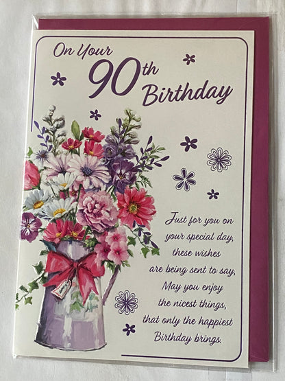 Ladies/Female Age 90 90th Ninety Ninetieth On Your 90th Birthday Card Multi Flowers/Purple Jug Vase/Purple Words Foil Detail(PH47335E)