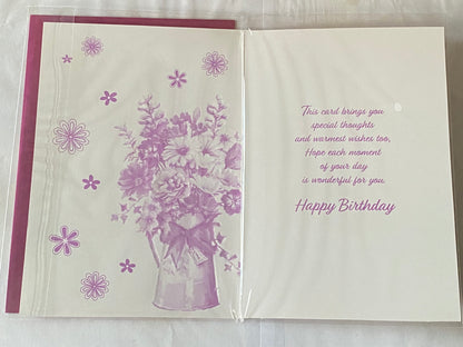 Ladies/Female Age 90 90th Ninety Ninetieth On Your 90th Birthday Card Multi Flowers/Purple Jug Vase/Purple Words Foil Detail(PH47335E)