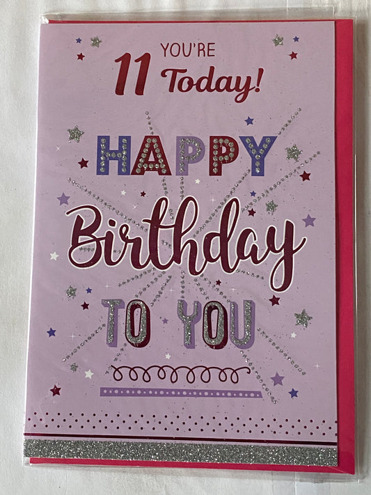 Girls Female Age 11 11th Eveven Eleventh You're 11 Today! Happy Birthday To You Birthday Card Purple-Words/Stars Glitter/Foil Detail(PH43643A)