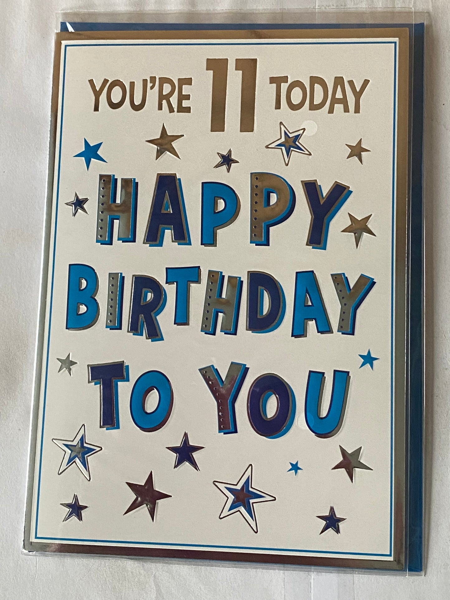 Boys Male Age 11 11th Eleven Eleventh You're 11 Today Happy Birthday To You Birthday Card White-Blue/Silver Words/Stars Foil Detail(VA207A)