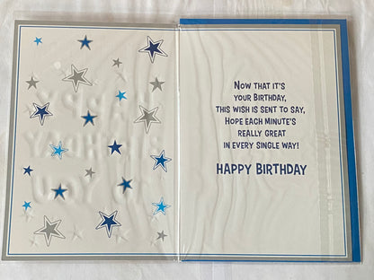 Boys Male Age 11 11th Eleven Eleventh You're 11 Today Happy Birthday To You Birthday Card White-Blue/Silver Words/Stars Foil Detail(VA207A)