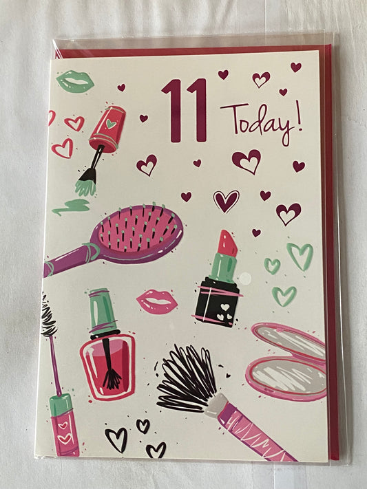 Girls Female Age 11 11th Eleven Eleventh 11 Today! Birthday Card White/Pink/Purple/Green Hairbrush/Lipstick/Hearts Foil Detail(NC-VA153A)