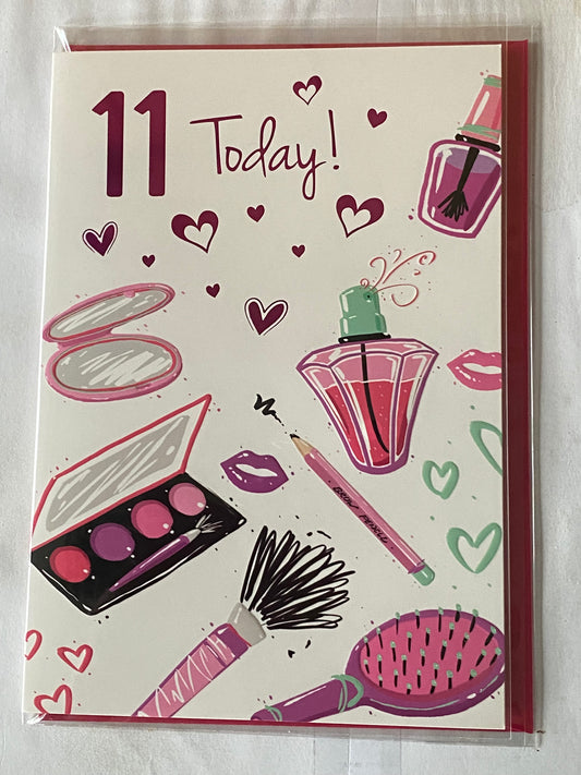 Girls Female Age 11 11th Eleven Eleventh 11 Today! Birthday Card White/Pink/Purple/Green Hairbrush/Perfume/Hearts Foil Detail(NC-VA153E)