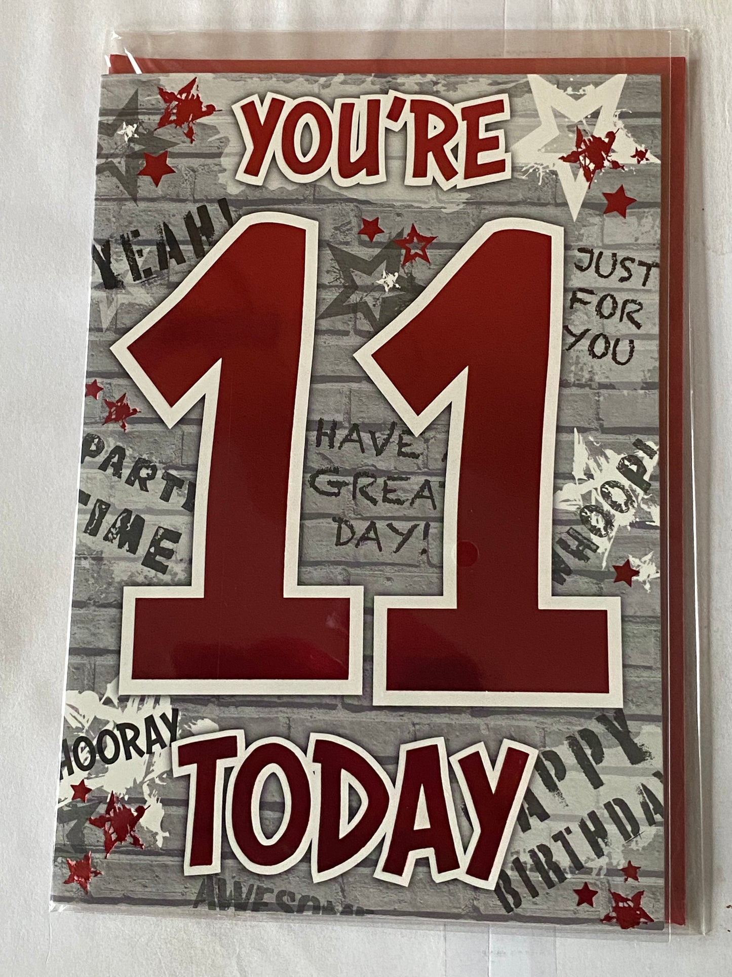 Boys Male Age 11 11th Eleven Eleventh You're 11 Today Birthday Card Grey/Red Graffiti Wall/Words Foil Detail(PH43417-1E)