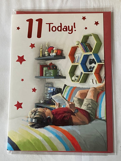 Boys Male Age 11 11th Eleven Eleventh 11 Today! Birthday Card Boy Relaxing/Bedroom/Headphones Foil Detail(PH47354E)