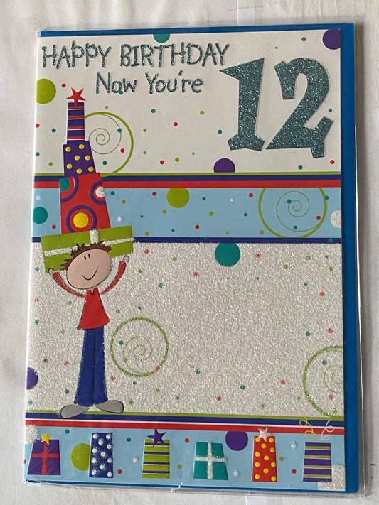 Boys Male Age 12 12th Twelve Twelfth Happy Birthday Now You're 12 Birthday Card White/Multi Boy Carrying Presents Glitter Detail(PH33497A)