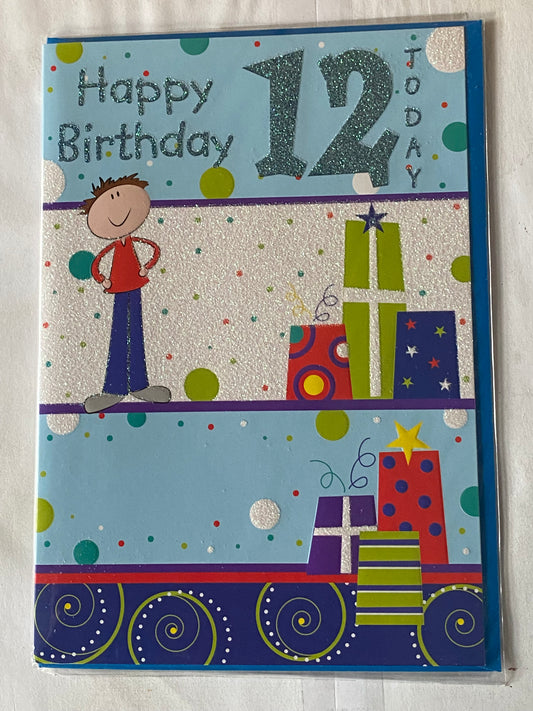 Boys Male Age 12 12th Twelve Twelfth Happy Birthday 12 Today Birthday Card White/Multi Boy/Multi Presents Glitter Detail(PH33497E)