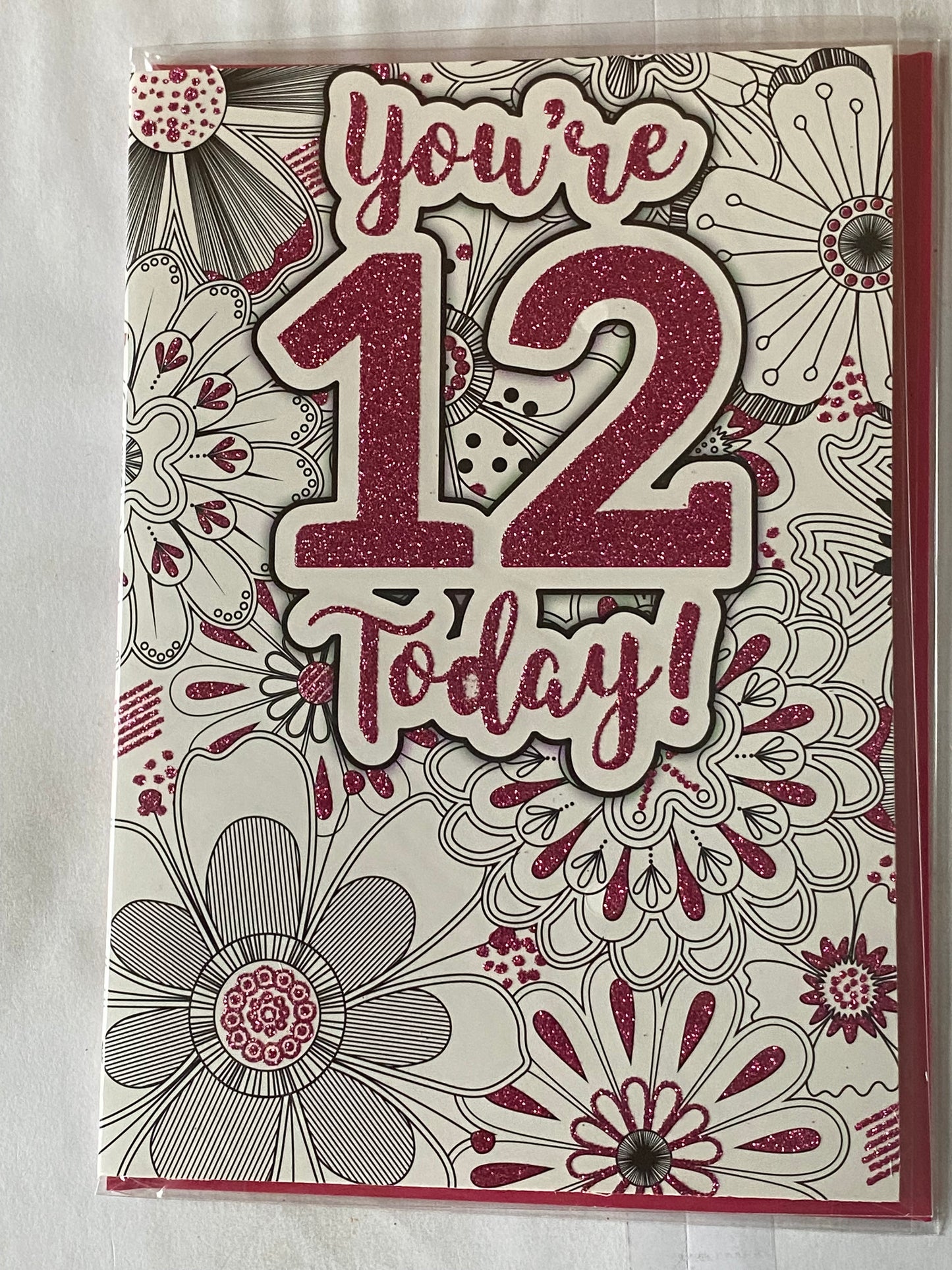 Girls Female Age 12 12th Twelve Twelfth You're 12 Today! Birthday Card White/Pink/Black Flowers/Words Glitter Detail(PH43419E)