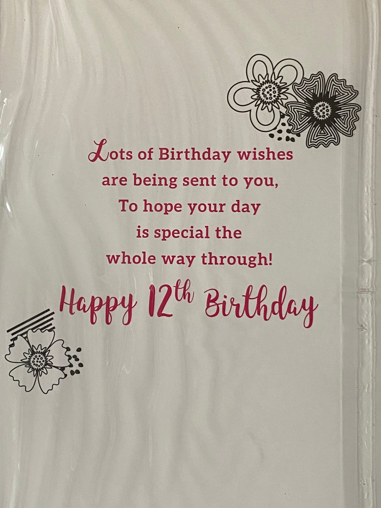 Girls Female Age 12 12th Twelve Twelfth You're 12 Today! Birthday Card White/Pink/Black Flowers/Words Glitter Detail(PH43419E)