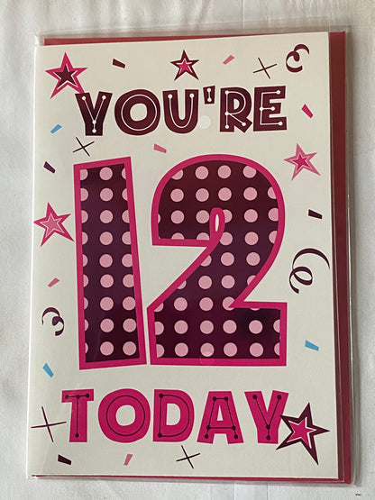 Girls Female Age 12 12th Twelve Twelfth You're 12 Today Birthday Card Pink Spots/Stars/Words Foil Detail(PH43420A)