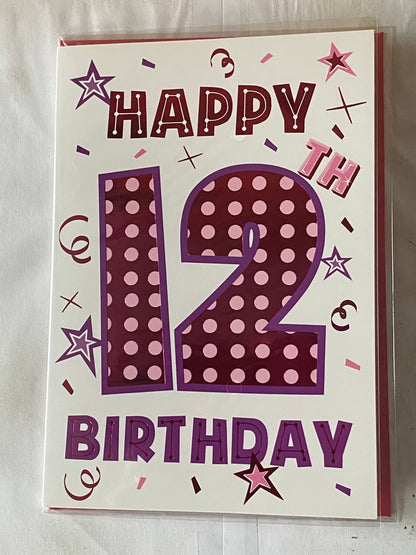 Girls Female Age 12 12th Twelve Twelfth Happy 12th Birthday Card Pink Spots/Stars/Words Foil Detail(PH43420E)