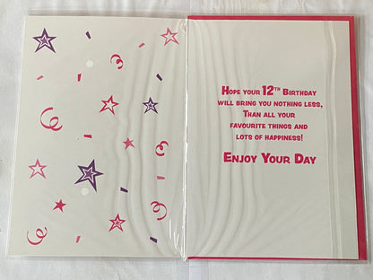 Girls Female Age 12 12th Twelve Twelfth Happy 12th Birthday Card Pink Spots/Stars/Words Foil Detail(PH43420E)