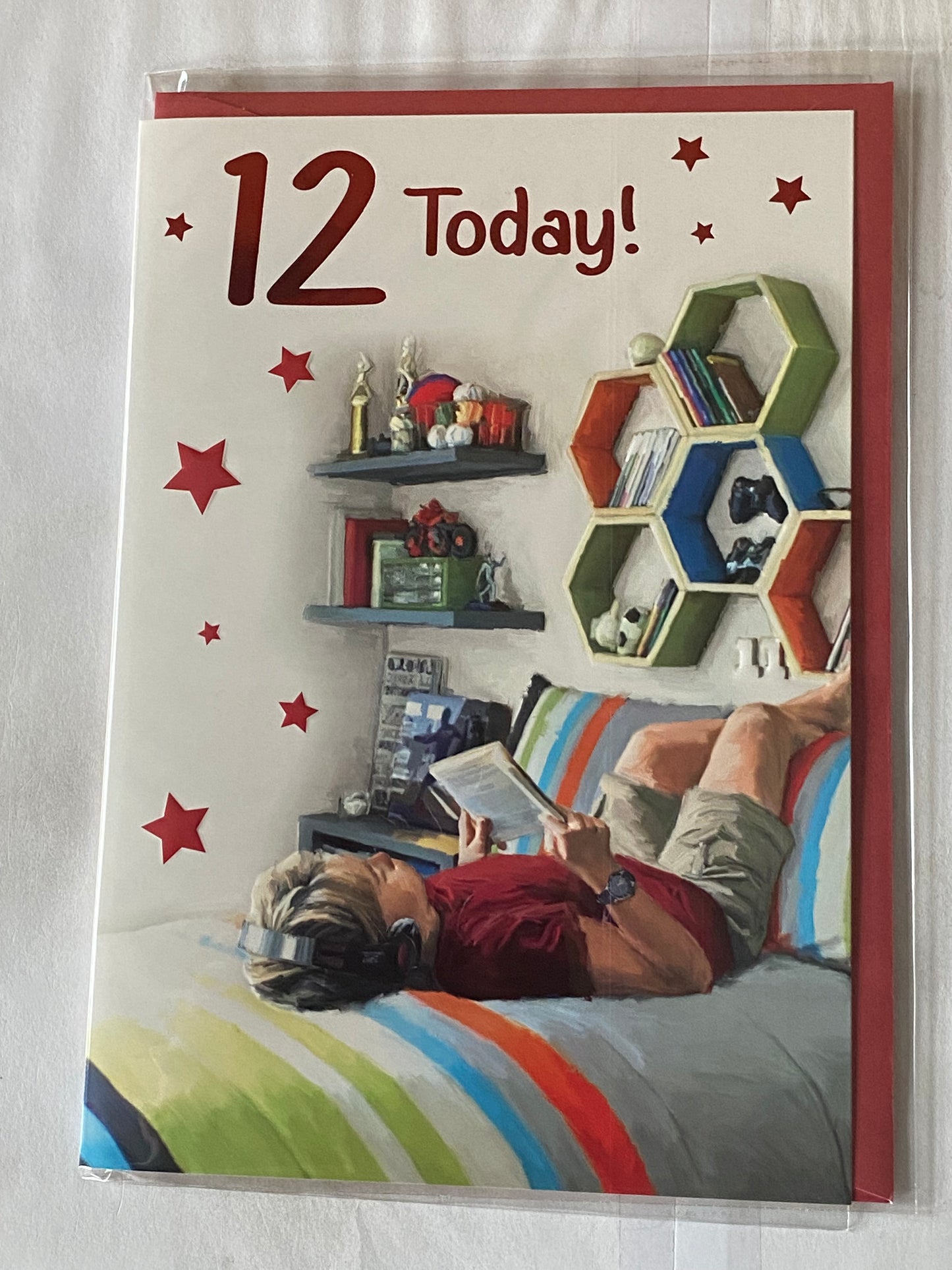 Boys Male Age 12 12th Twelve Twelfth 12 Today! Birthday Card Boy Relaxing/Bedroom/Headphones Foil Detail(PH47354E)