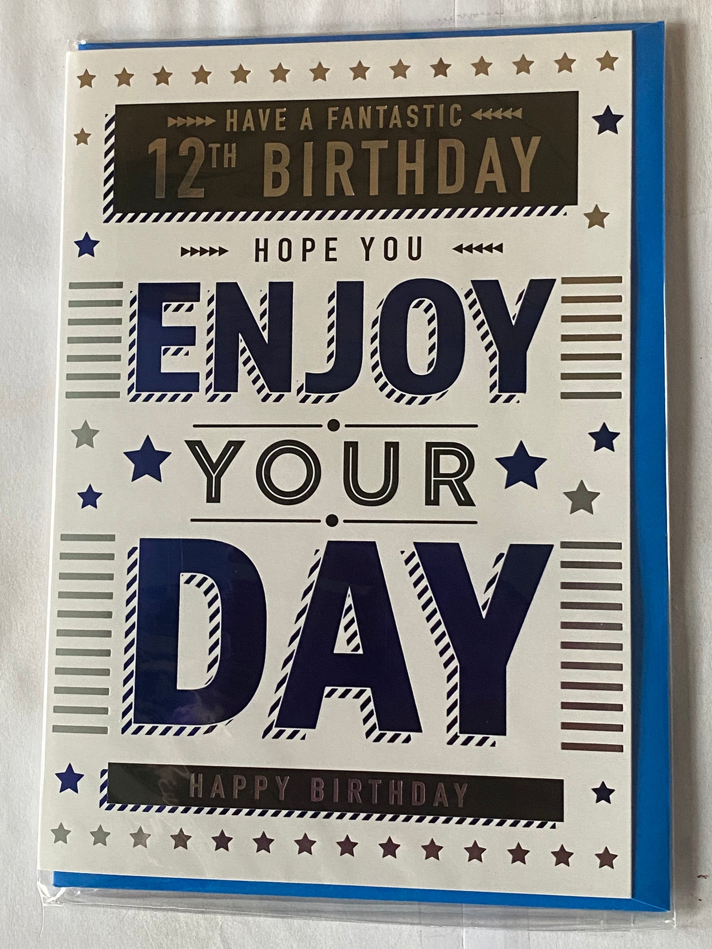 Boys Male Age 12 12th Twelve Twelfth Have A Fantastic 12th Birthday Hope You Enjoy Your Day Happy Birthday Card White/Silver/Blue/Black Words/Stars Foil Detail(PH47340A)