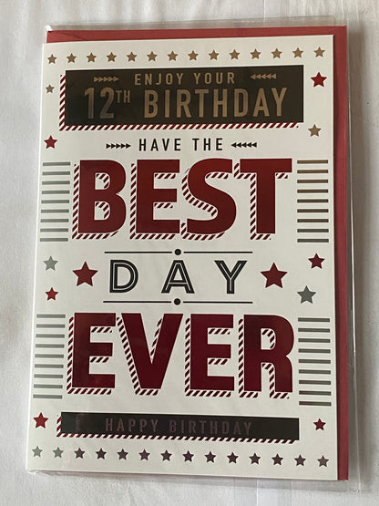 Boys Male Age 12 12th Twelve Twelfth Enjoy Your 12th Birthday Have The Best Day Ever Happy Birthday Card White/Silver/Red/Black Words/Stars Foil Detail(PH47340E)