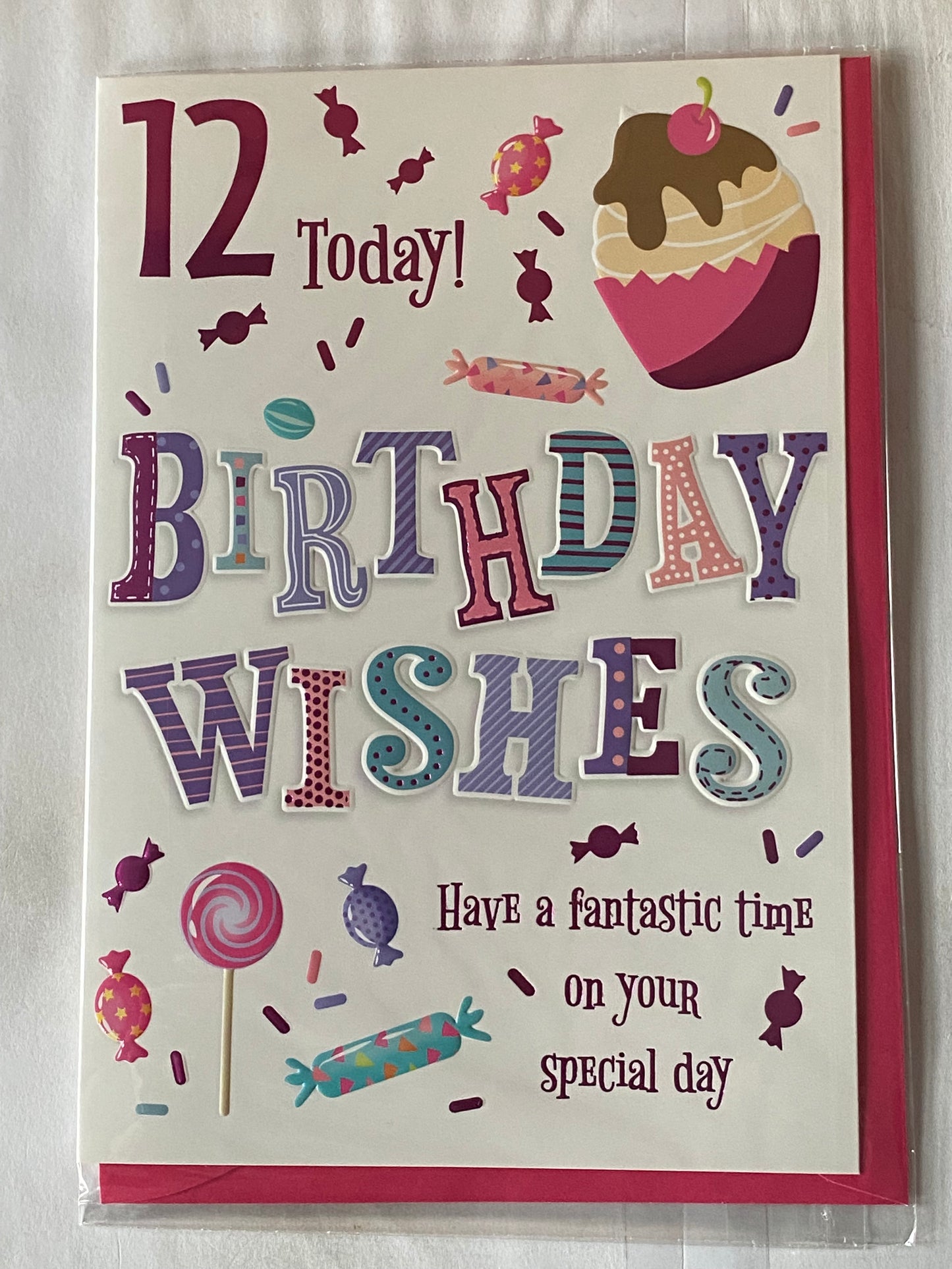 Girls Female Age 12 12th Twelve Twelfth 12 Today! Birthday Wishes Birthday Card Multi Words/Cupcake/Sweets Foil Detail(PH47349A)