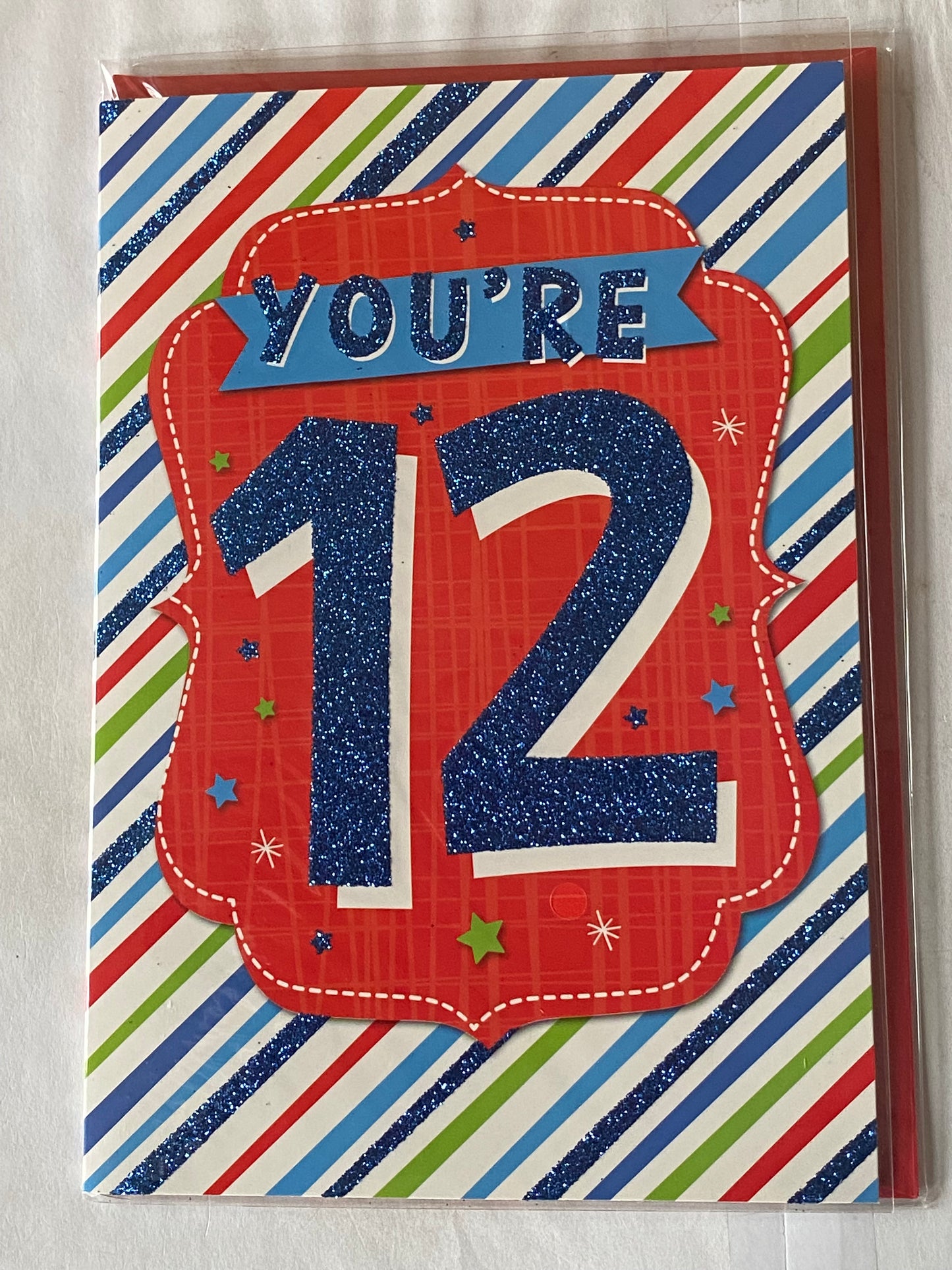 Boys Male Age 12 12th Twelve Twelfth You're 12 Birthday Card Blue 12-Multi Stripes Glitter Detail(PH43421A)