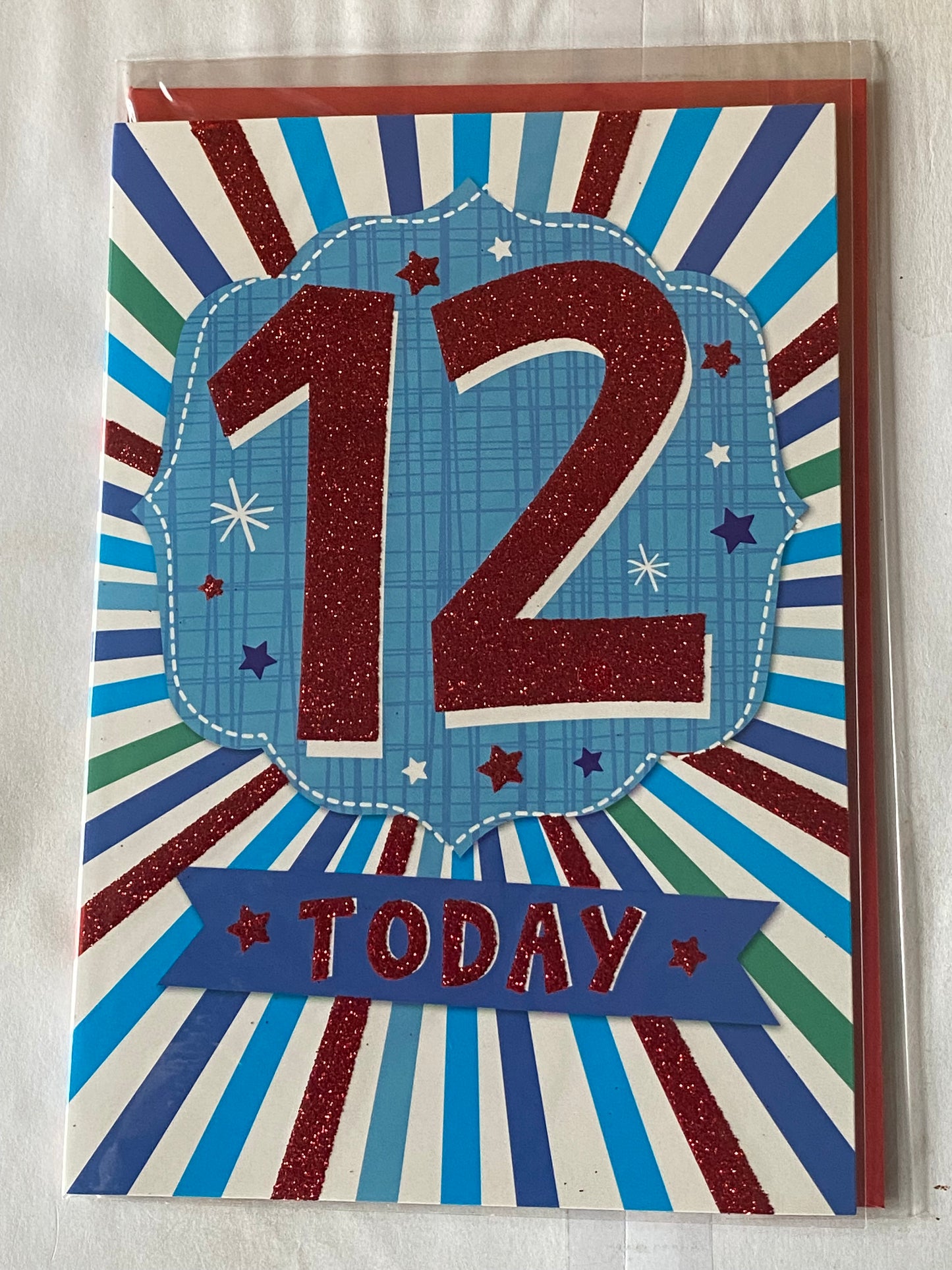 Boys Male Age 12 12th Twelve Twelfth 12 Today Birthday Card Red 12-Multi Stripes Glitter Detail(PH43421B)