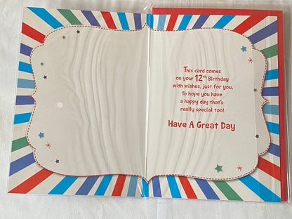 Boys Male Age 12 12th Twelve Twelfth 12 Today Birthday Card Red 12-Multi Stripes Glitter Detail(PH43421B)