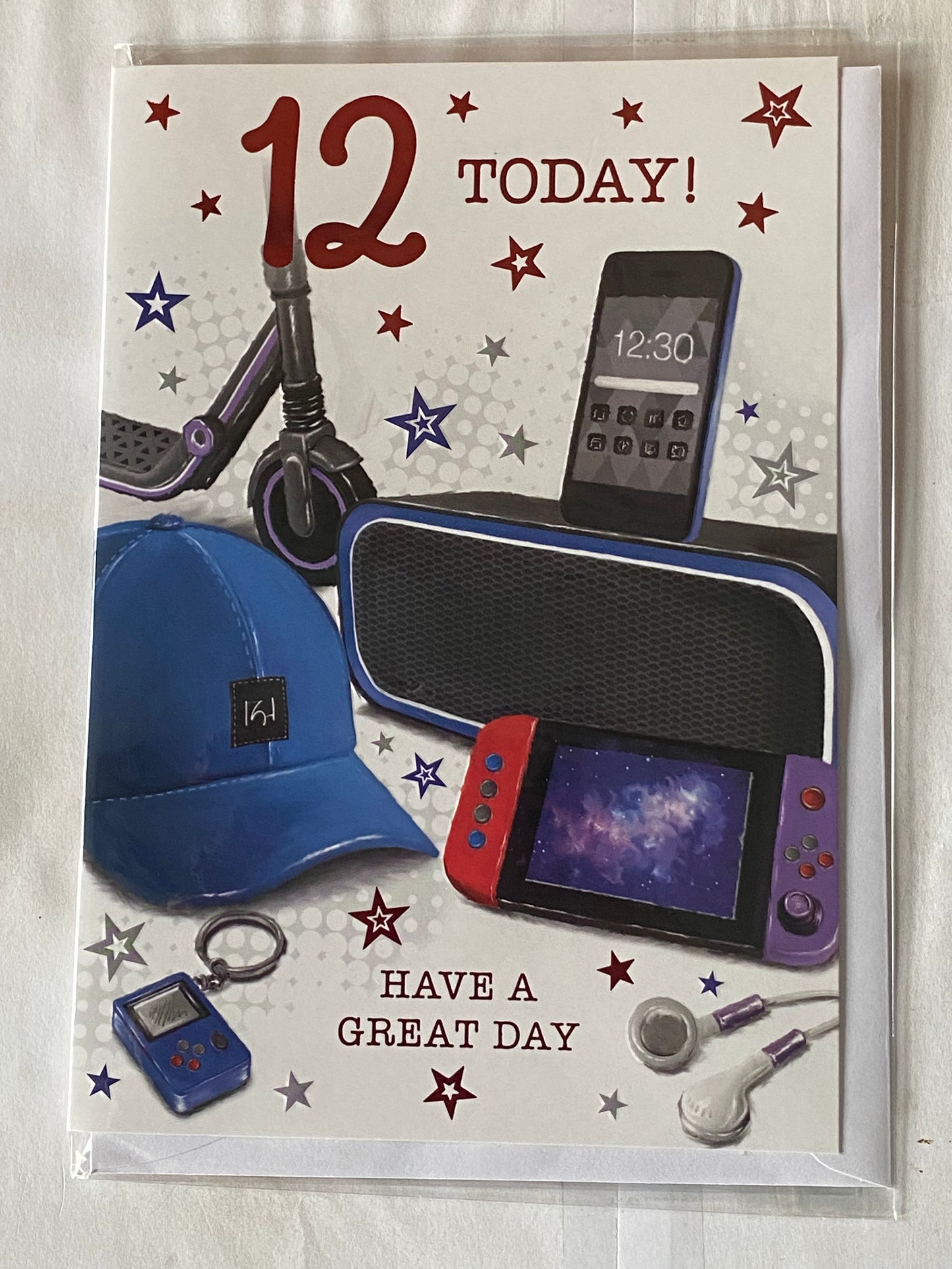 Boys Male Age 12 12th Twelve Twelfth 12 Today! Have A Great Day Birthday Card Techno Gadgets/Blue Cap Foil Detail(PH48407A)