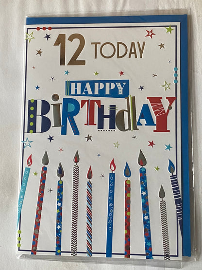 Boys Male Age 12 12th Twelve Twelfth 12 Today Happy Birthday Card Blue/Red/Silver Candles/Words/Stars Foil Detail(PH48395E)