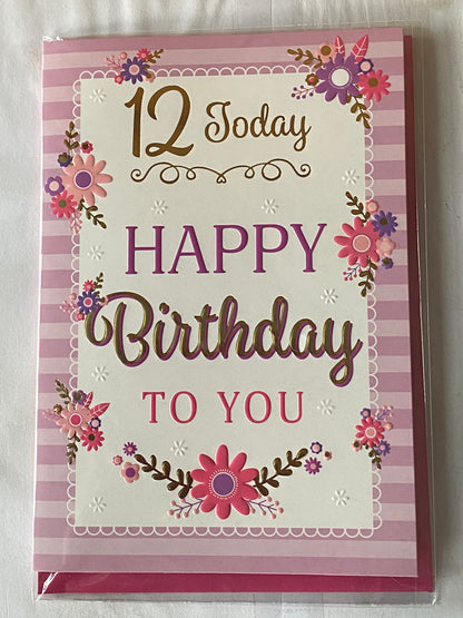 Girls Female Age 12 12th Twelve Twelfth 12 Today Happy Birthday To You Birthday Card Flowers/Words/Purple Stripes Foil Detail(VA183A