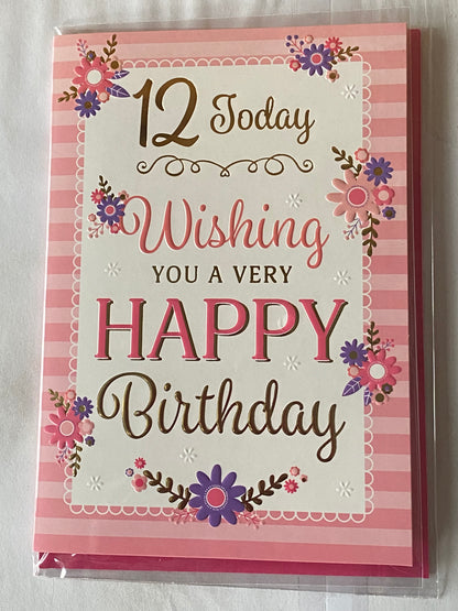 Girls Female Age 12 12th Twelve Twelfth 12 Today Wishing You A Very Happy Birthday Card Flowers/Words/Pink Stripes Foil Detail(VA183E)